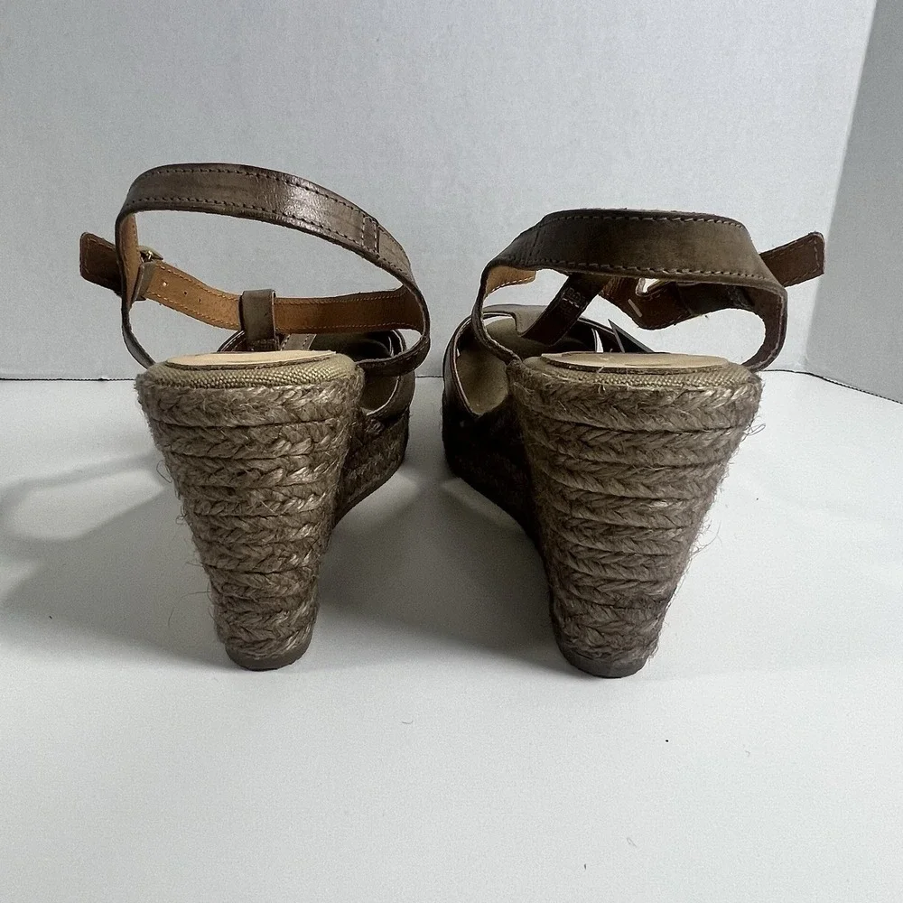 KANNA Women Brown Leather T-Strap Espadrille Wedge Sandals KV1519 Size 9 EU 39